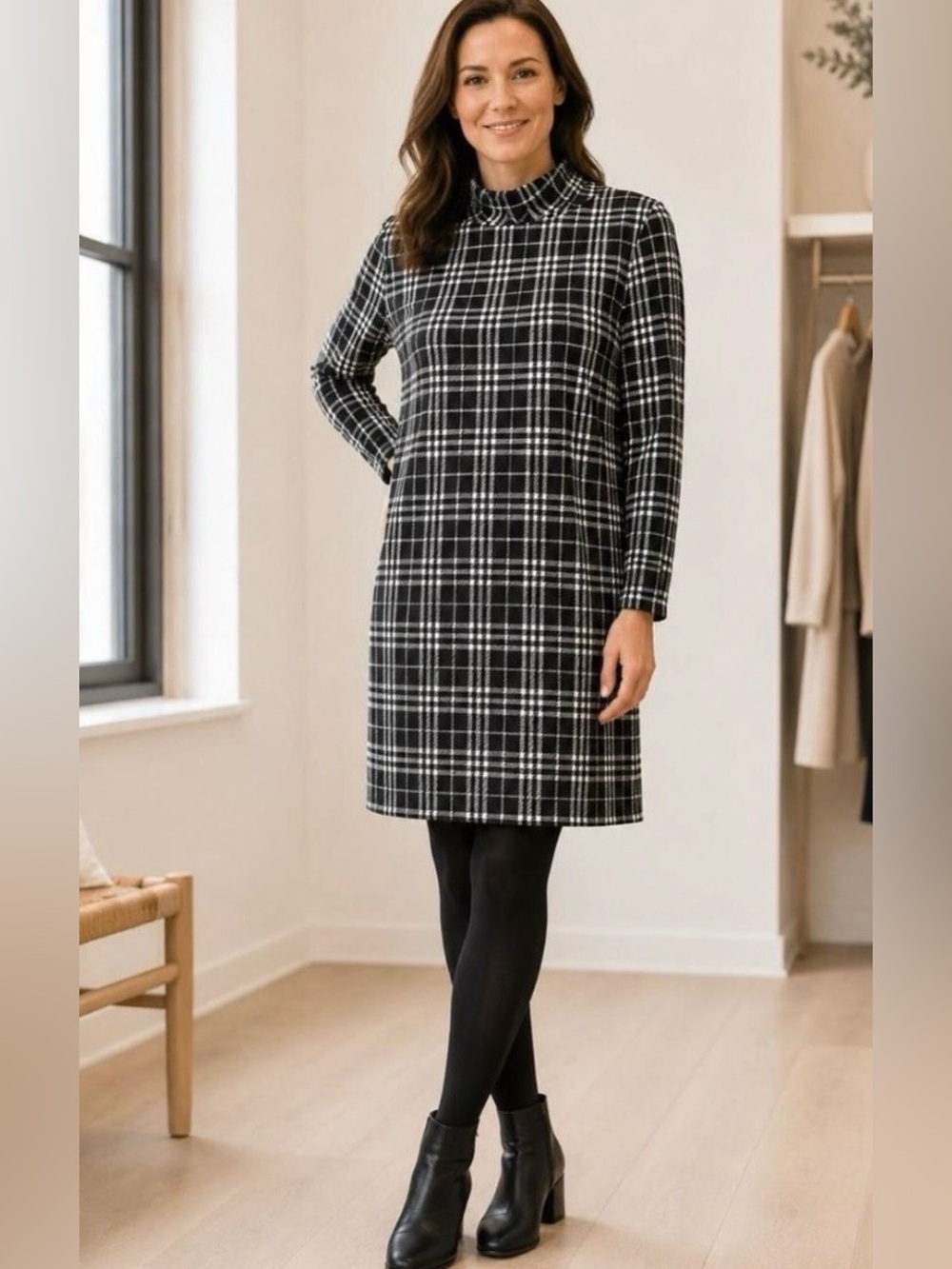Talbots Women’s Black & White Plaid Shift Dress Mock Neck Long Sleeve Size S
